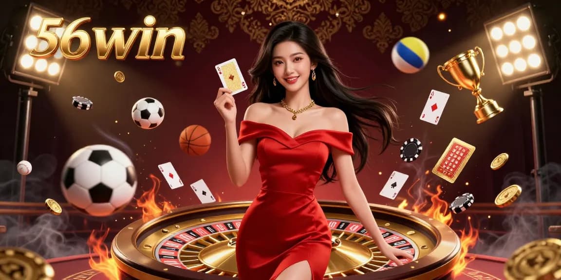Experience thrilling action at 56win's casino with a stunning illustration of game elements and elegance.