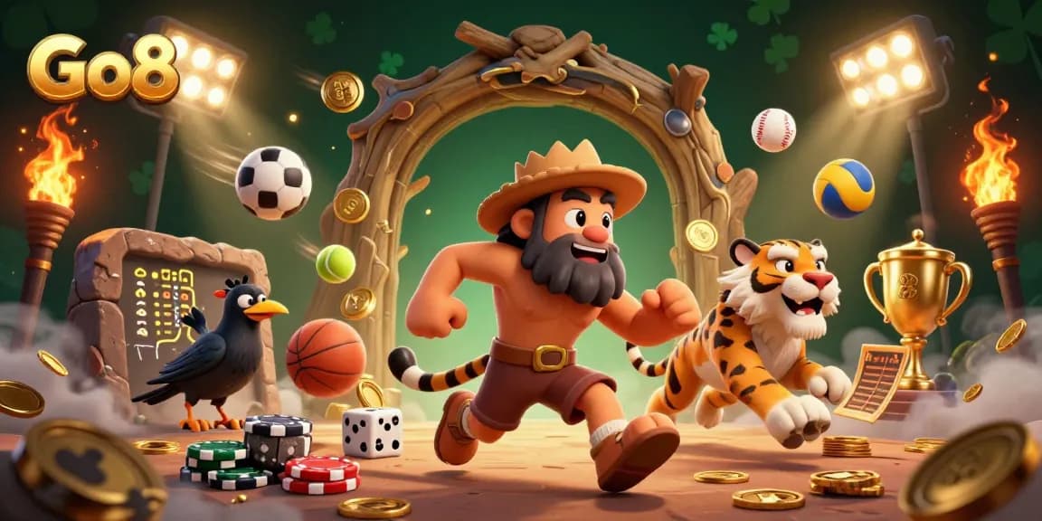 Bet on exciting games at Go8, featuring a colorful prehistoric casino with dynamic sports elements.