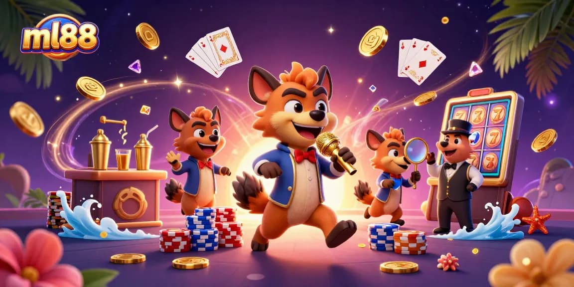 Experience ml88 with a vibrant 3D cartoon illustration showcasing a comedy casino scene filled with excitement.