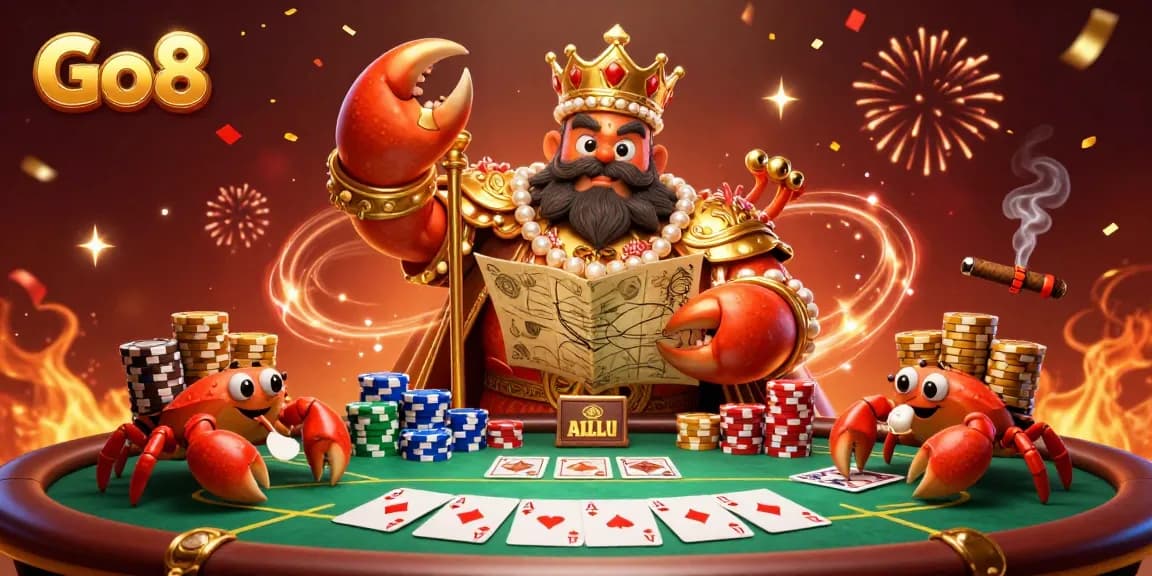 Engage in thrilling gaming at Go8, featuring a golden crab emperor and vibrant poker elements.