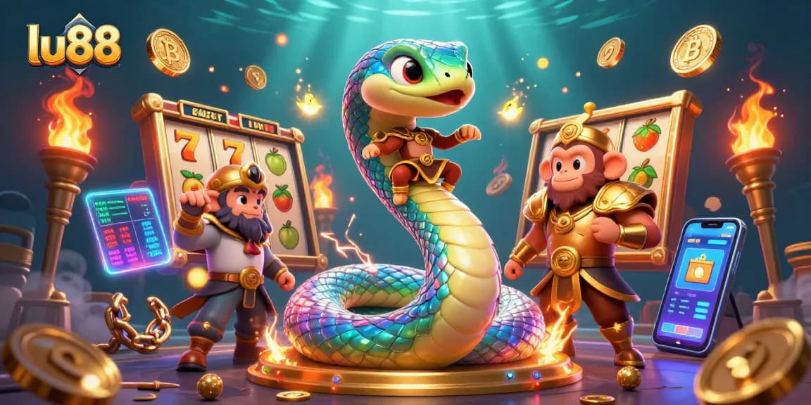 Experience thrilling wins at lu88 with this vibrant 3D illustration showcasing exciting slots and casino elements.