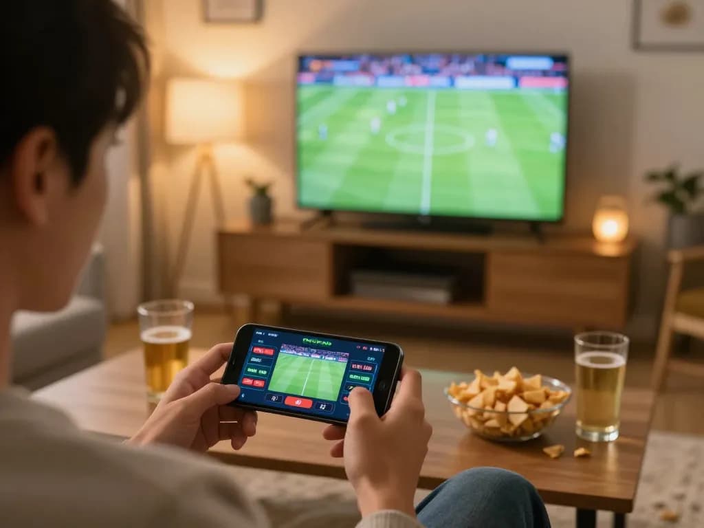Player utilizing LUCKY88 mobile app for real-time sports betting while enjoying a game, reflecting responsible gambling.