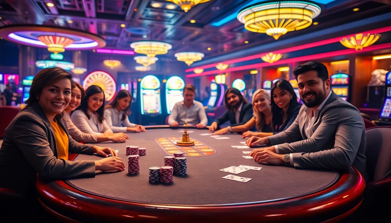 Players enjoying a thrilling poker game at https://sky88.tel/, showcasing camaraderie and excitement in a luxurious casino setting.
