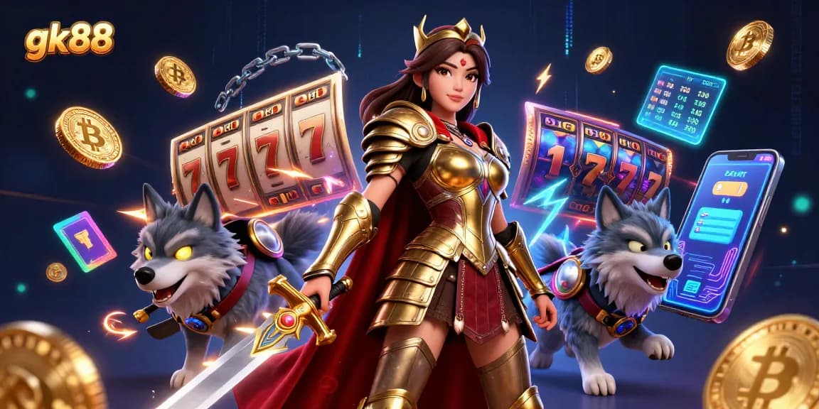 Experience the thrill of gk88 with a vibrant casino scene featuring slots and crypto elements.