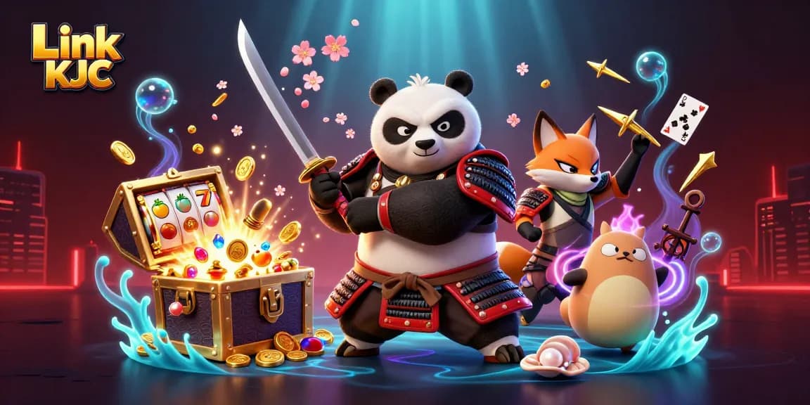 Engage with Link KJC in a vibrant gaming scene featuring samurai panda and golden shuriken!