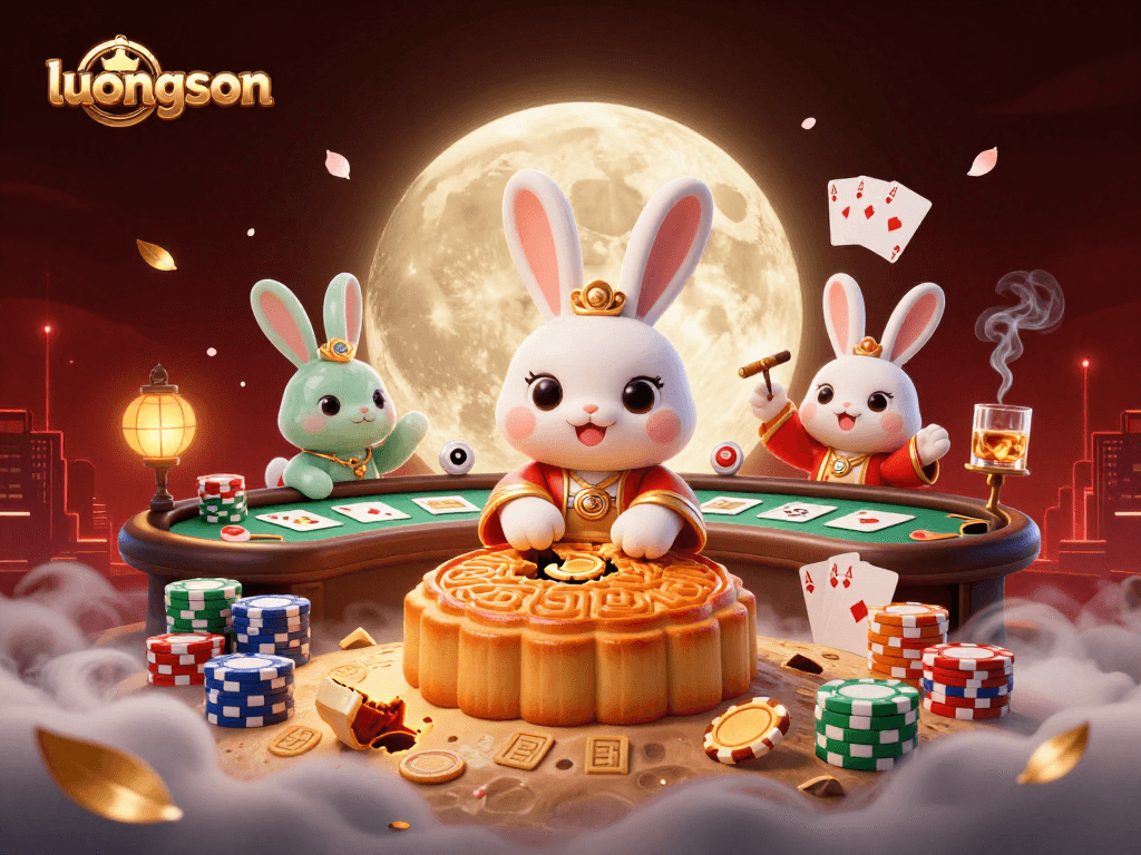 Experience thrilling poker action with luongson as a moon rabbit pounds mooncakes revealing poker chips.