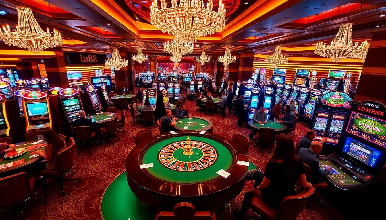 lu88 casino scene with poker tables, roulette wheel, and vibrant slot machines