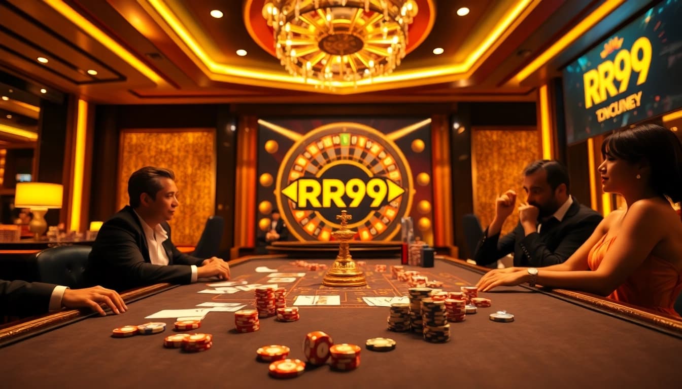 Experience an exciting round at RR99 casino with vibrant poker chips and cards.
