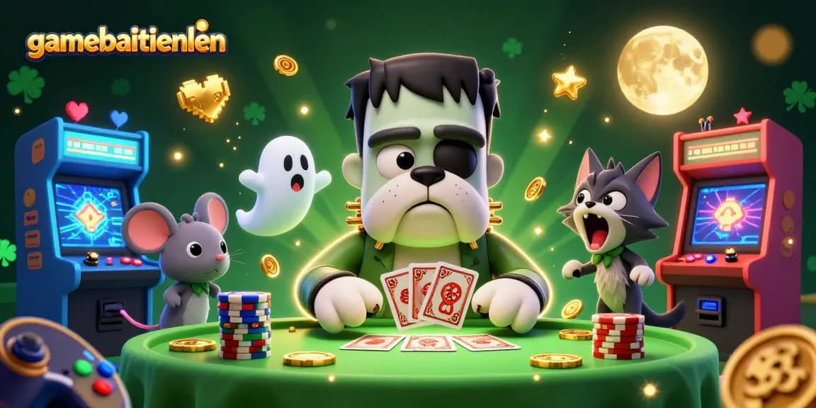 Engage with gamebaitienlen as a cartoon bulldog monster deals cards at a haunted casino table.