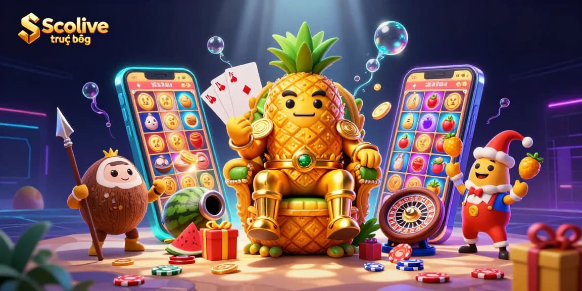 Socolive trực tiếp showcases a vibrant beach casino scene highlighting a pineapple king and golden fruit-themed elements.