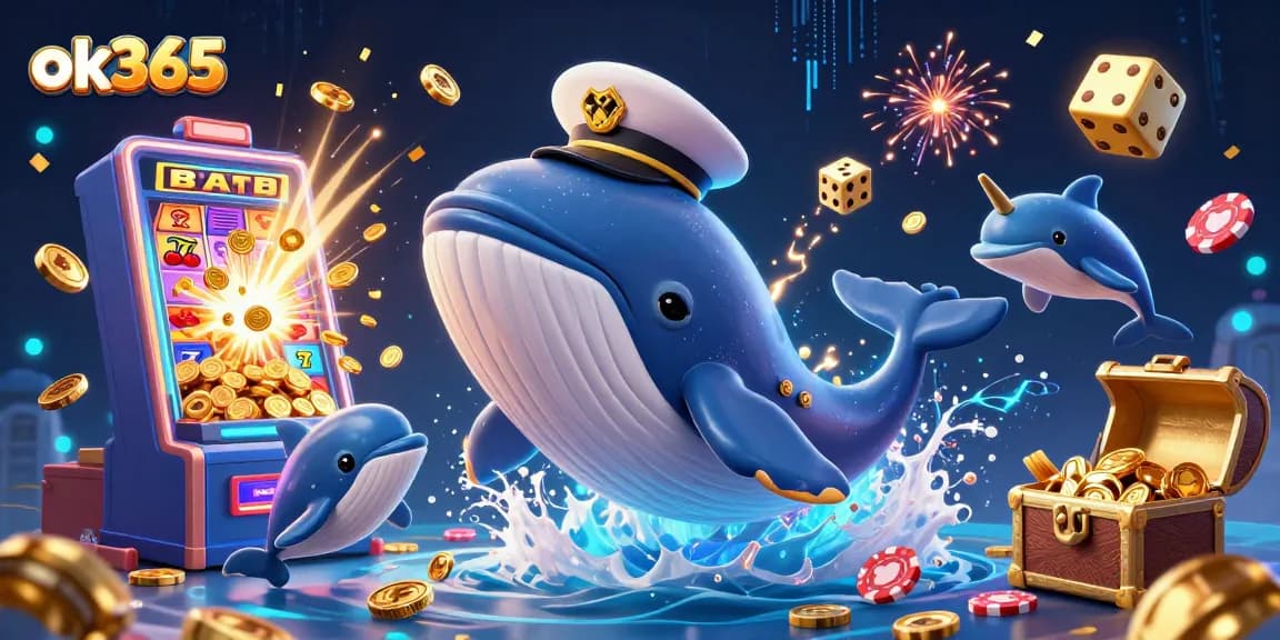 Experience the thrill of ok365 gaming with a whimsical casino scene featuring a whale and playful dolphins.