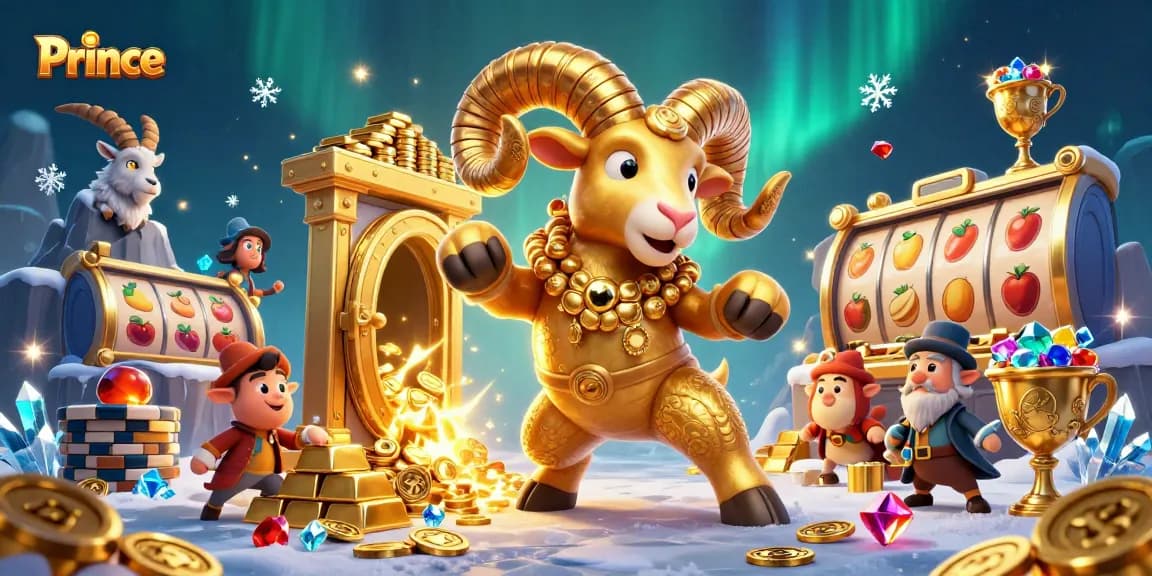 Experience the thrill of winning at Prince Casino with a golden ram charging through an enchanting treasure vault.