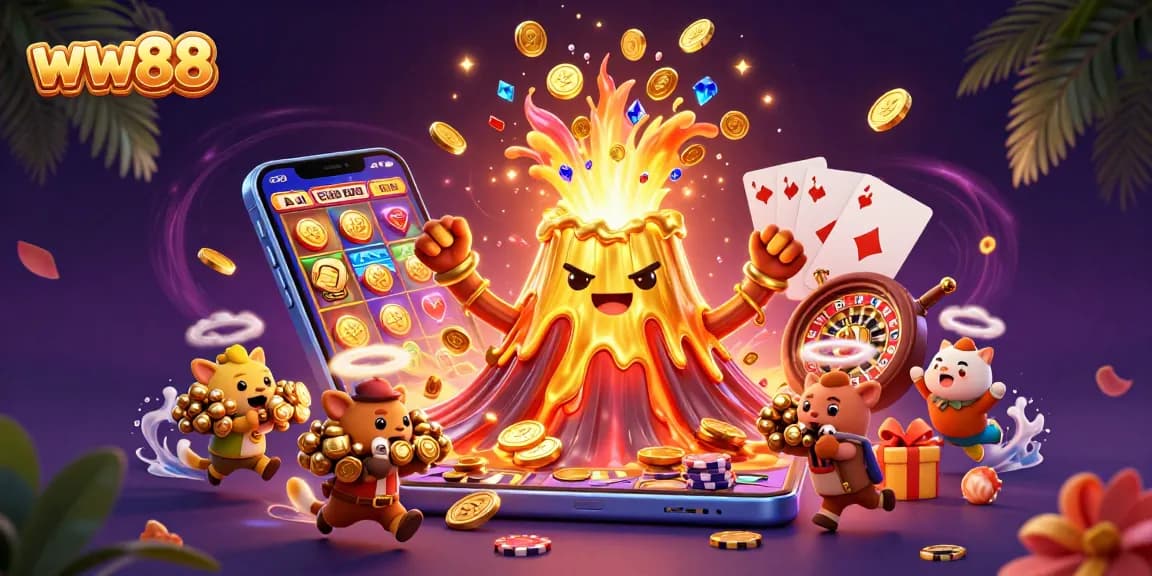 Experience the excitement of winning at ww88, featuring a triumphant golden volcano bursting with coins and treasures in a vibrant casino scene.