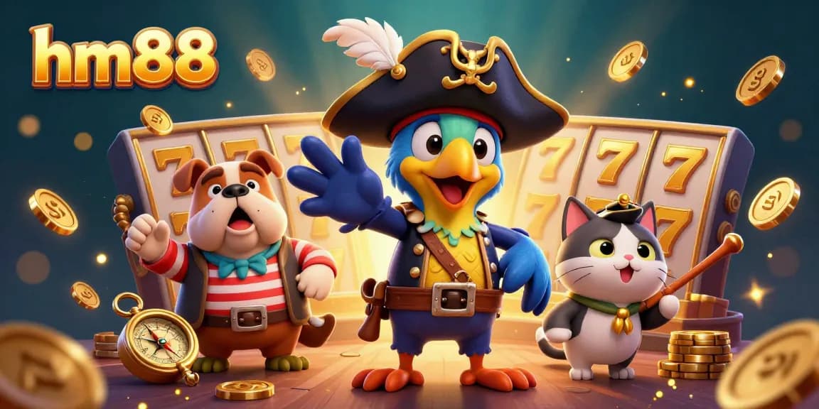 Engage with exciting games at hm88, showcasing vibrant casino elements with a pirate theme.