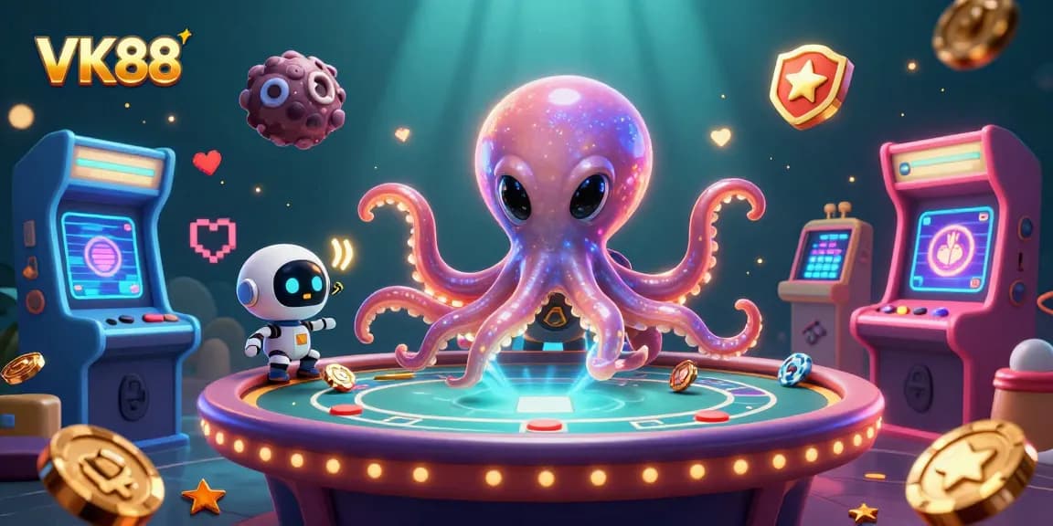 Engage with VK88's thrilling gaming universe featuring an alien octopus at a holographic poker table.