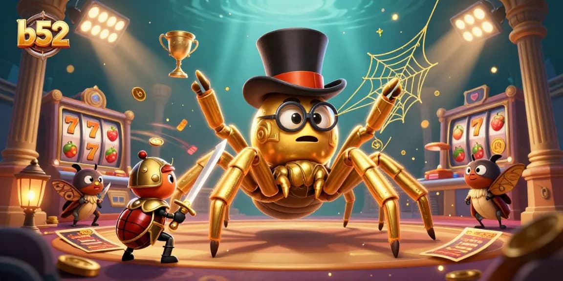 B52 casino features a golden tarantula and a brave beetle knight in an exciting slot game atmosphere.