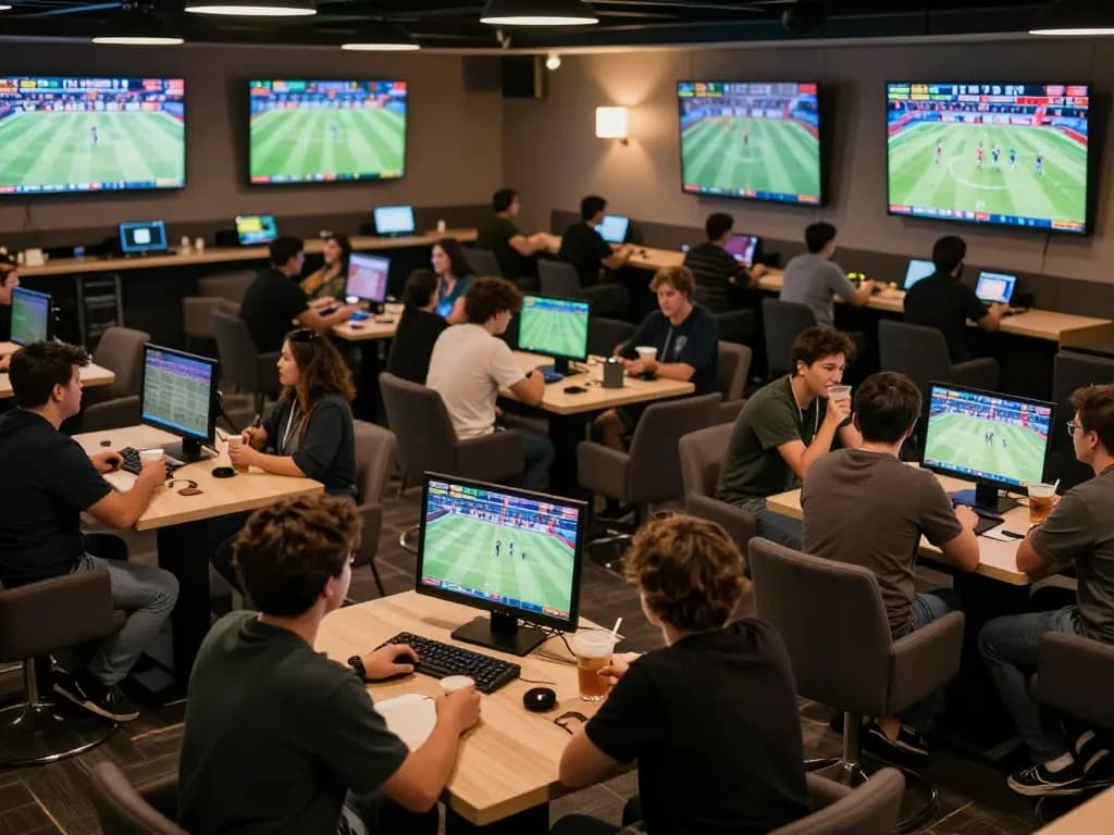 Experience thrilling sports betting at TIP88, lively lounge filled with excited patrons making wagers.