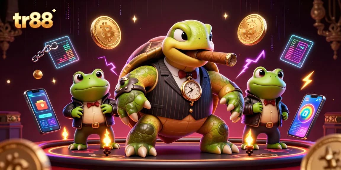 Play at tr88 with giant cartoon turtle mobster and frog enforcers amidst neon crypto elements