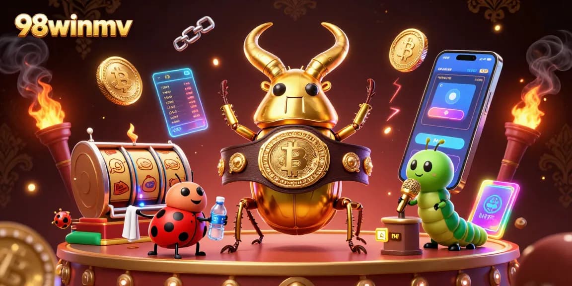 Engage with 98winmv gaming excitement featuring a boxing beetle and vibrant slot elements.