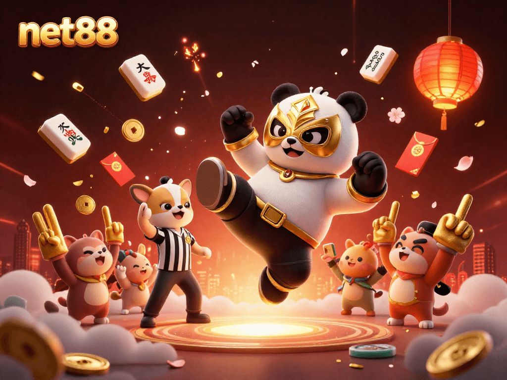 Experience excitement at net88 with a panda wrestler and spectacular casino elements.