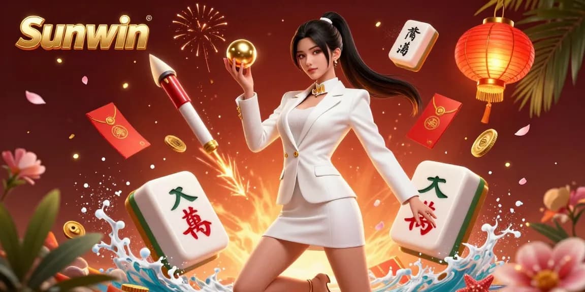 Experience Sunwin's thrilling casino adventure with a stunning Asian woman holding a roulette ball, surrounded by vibrant casino elements.