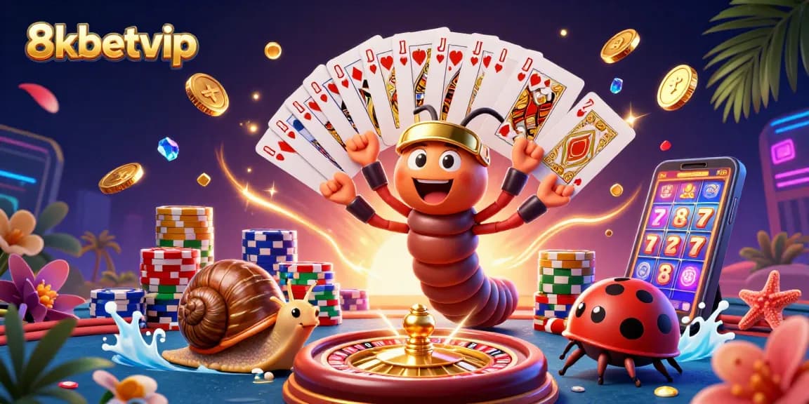 Engage with 8kbetvip's thrilling casino scene featuring dynamic characters and vibrant gaming elements.