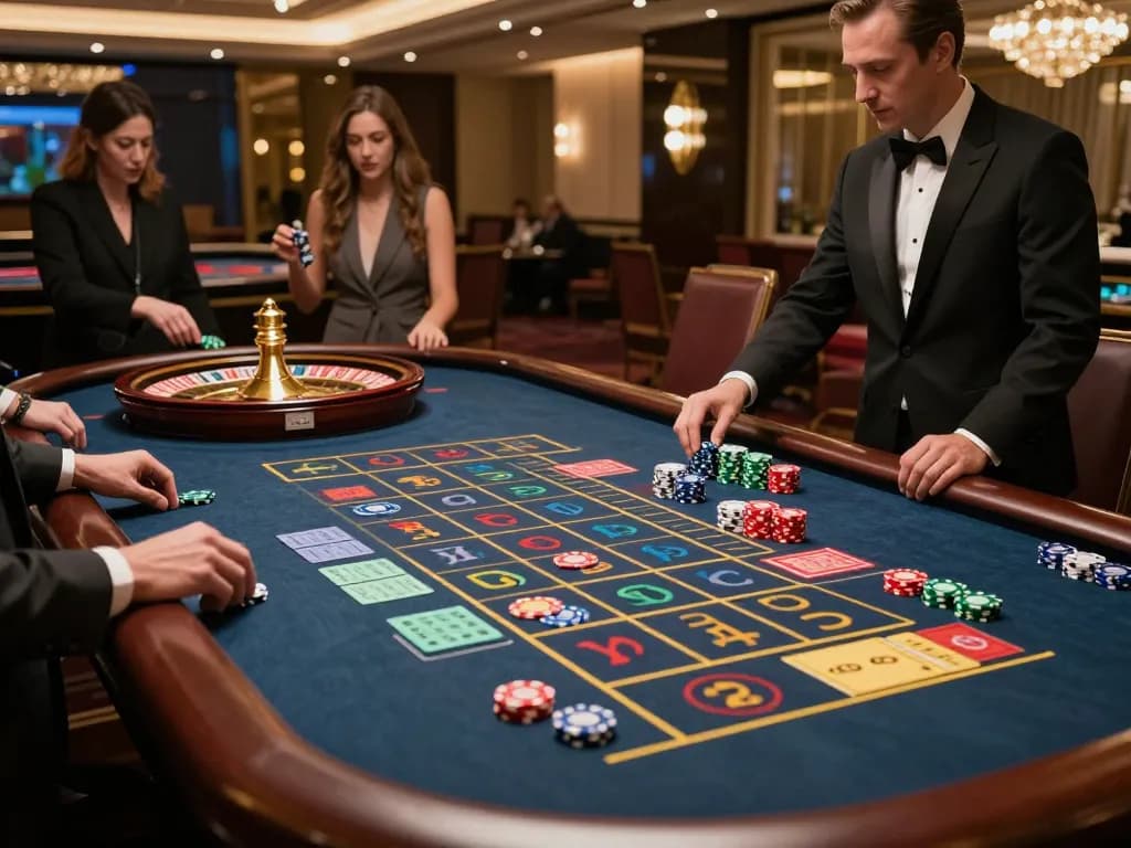 Players enjoying a thrilling game of roulette at Oxbet casino with vibrant chips and elegant decor.