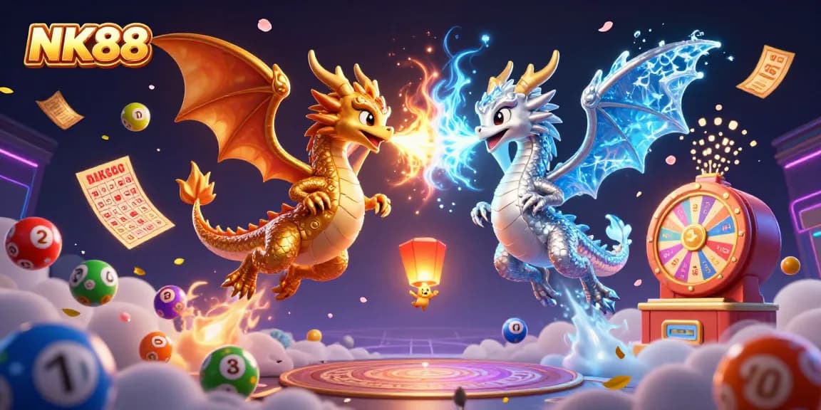 Engage in thrilling chances and opportunities at NK88, featuring stunning dragons and exciting lottery symbols.
