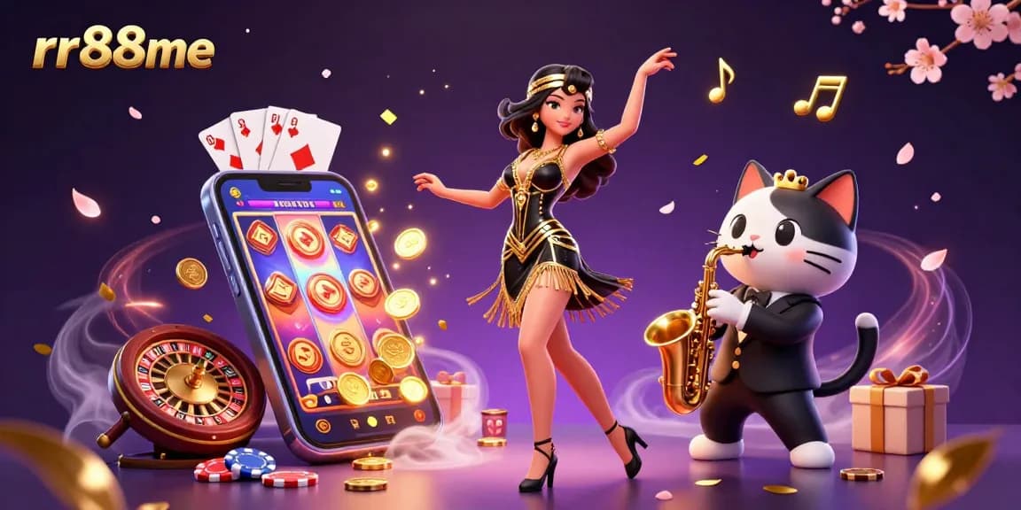 Join the excitement at rr88me with a vibrant scene of casino elements and fun characters.