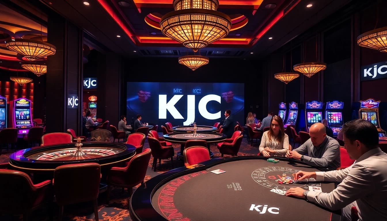 KJC branding shines in a vibrant casino scene with players engaged at roulette and poker tables.