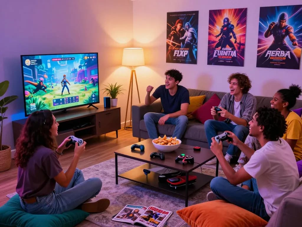 Diverse friends enjoying an engaging adult game night in a cozy living room, showcasing excitement and community.