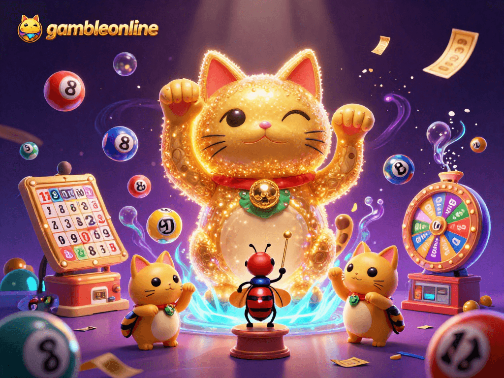 Experience the excitement at gambleonline with a vibrant illustration of a lucky cat and dynamic casino elements.