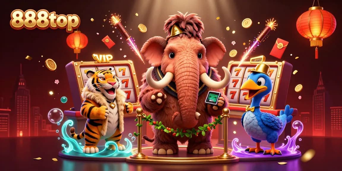 Experience excitement with dynamic casino action featuring 888top as playful characters mingle amidst floating slot elements and festive decorations.