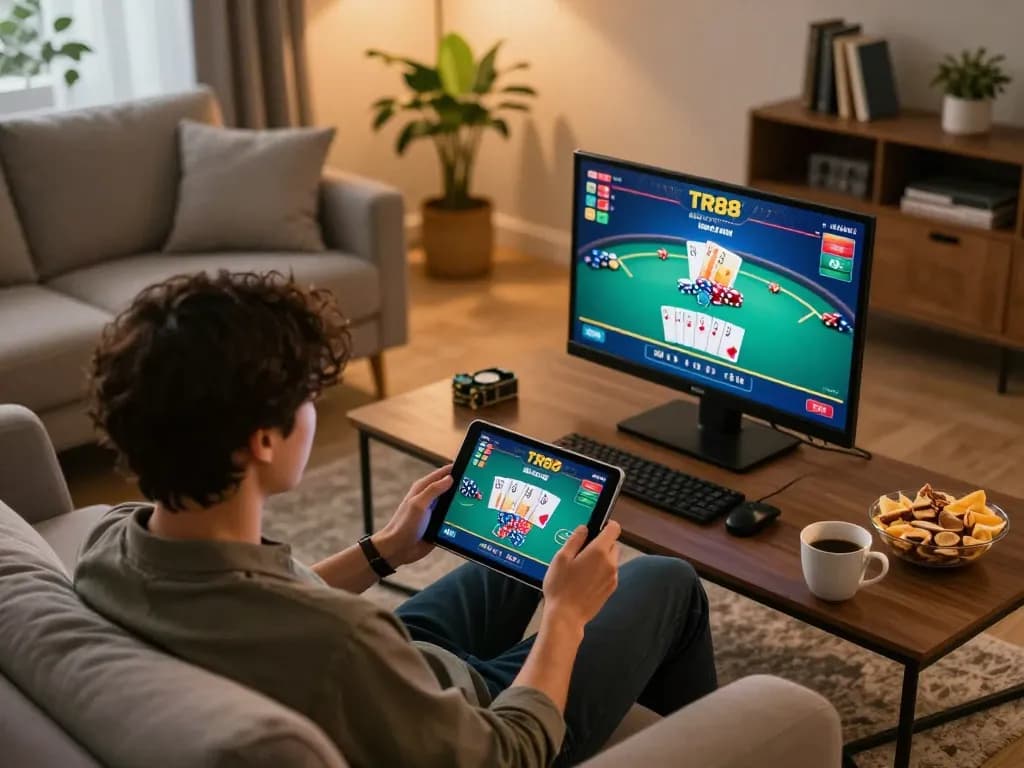Player engaging with TR88 gambling app on tablet in warm living room setting.