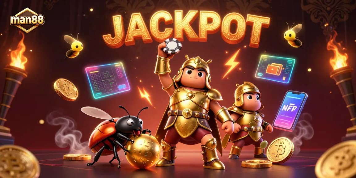 Experience the thrill of man88 gaming with a victorious illustration of characters amidst digital casino elements.