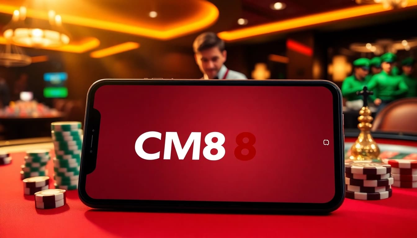 Engaging scene for tải app cm88, featuring a smartphone with the CM88 app and a vibrant casino backdrop.
