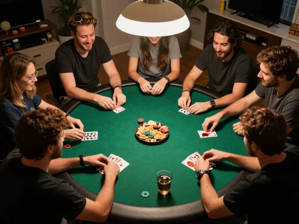 Players enjoying a thrilling poker night at home, showcasing the excitement of 98win gaming strategies.