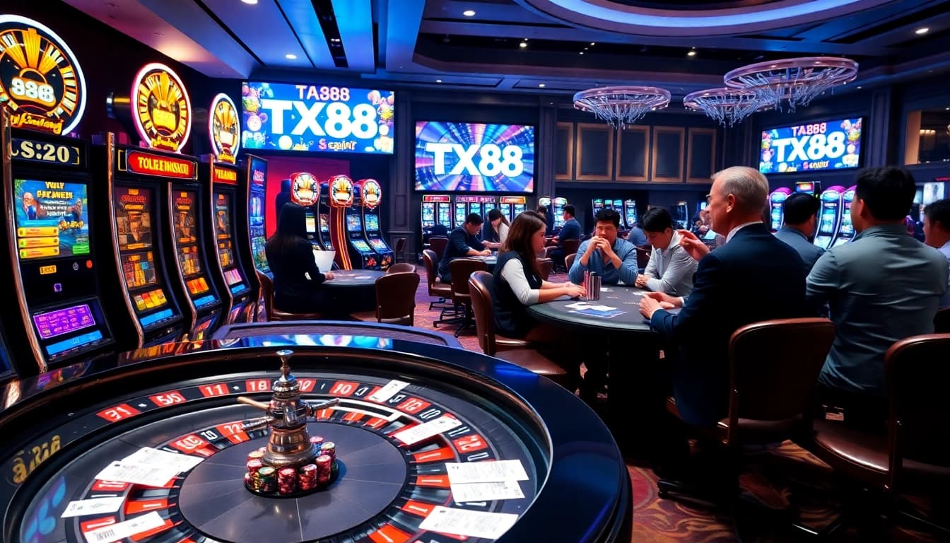 Experience the thrill of TX88 gaming with vibrant slot machines and exciting casino tables.