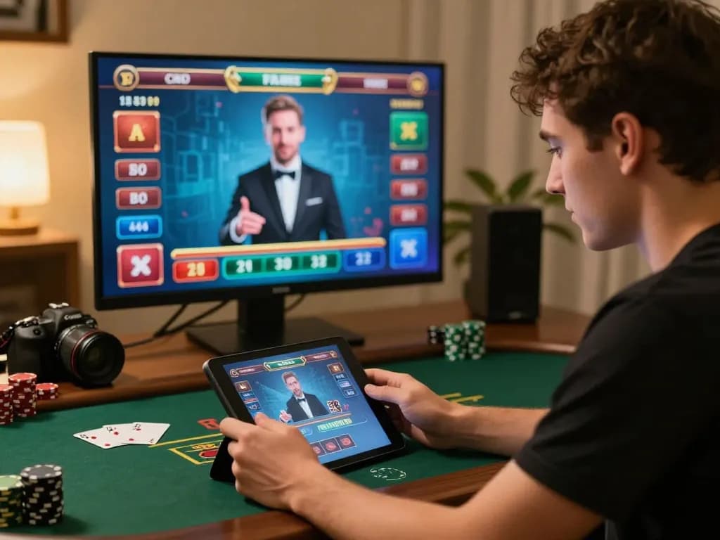 MAY88 player enjoying strategic blackjack gameplay on a tablet in a cozy home environment.