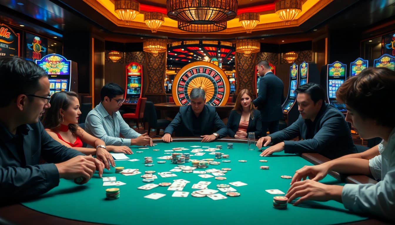 Experience thrilling gameplay at https://gg88.tech/ with a captivating poker game surrounded by luxury casino elements.