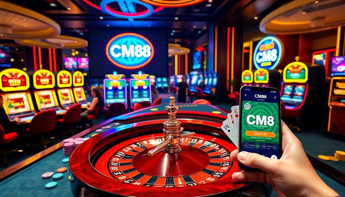 Casino excitement with players at a CM88 roulette table, betting chips scattered on the felt.