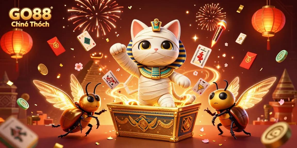 Experience the excitement of GO88 Chính Thức with a dynamic casino illustration featuring an Egyptian mummy cat.