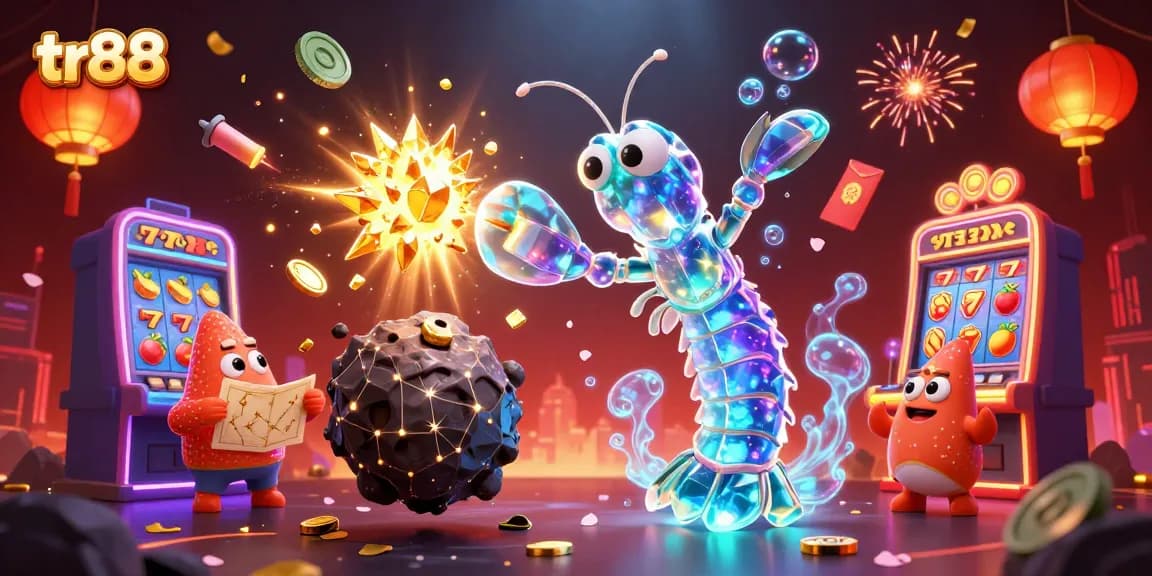 Play exciting games at tr88, featuring radiant samurai shrimp amidst vibrant slot machines and cascading coins.
