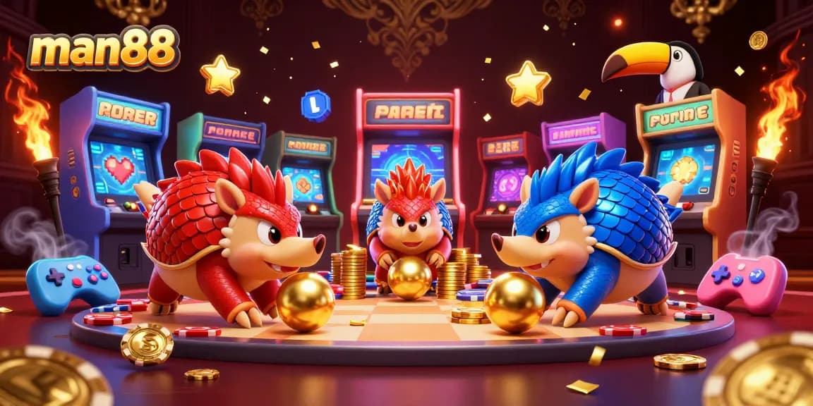 man88 pangolins competing in a dynamic casino game, surrounded by colorful gaming elements.