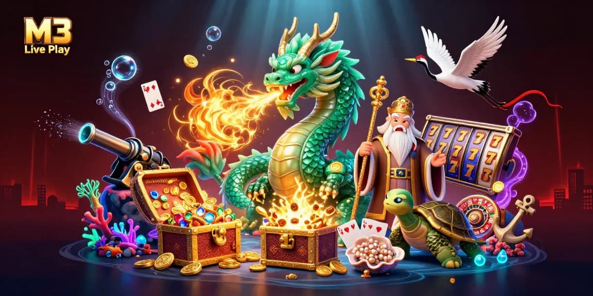 M3 Live Play showcases vibrant slots and casino adventures through a dynamic dragon scene.