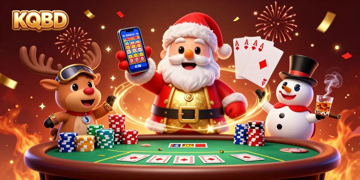 KQBD sports betting excitement depicted in a festive 3D illustration of Santa and friends amidst flashy casino elements.