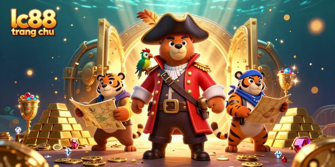 Engage with lc88 trang chu in this dynamic casino-themed illustration showcasing vibrant characters and treasures.