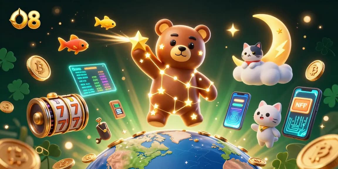 O8's constellation bear and friends scoop coins while highlighting vibrant slot elements and crypto coins.
