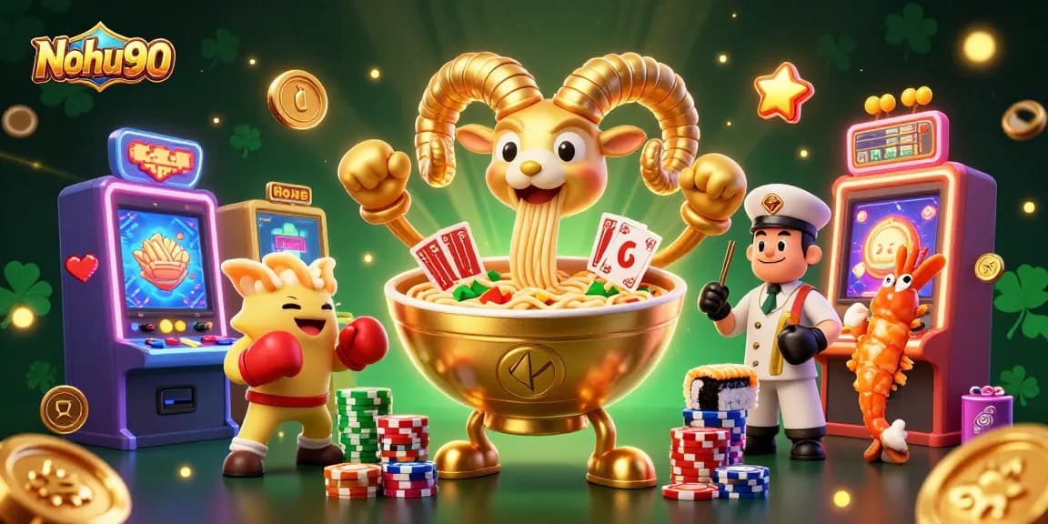 Nohu90 players enjoying slots with a giant ramen bowl dealer in a vibrant casino scene.