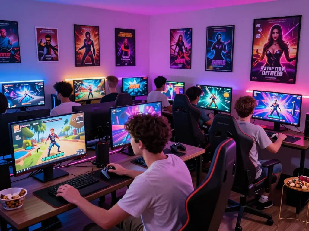 Players immersed in free porn games within an engaging gaming setup, showcasing diversity and community in a vibrant atmosphere.